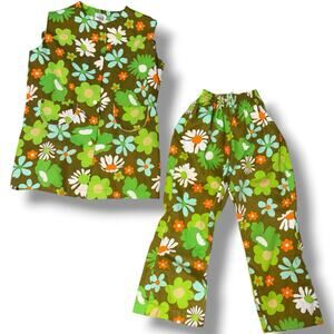 Vintage 70s Cuckoo Floral Pant Set Girls Mod Hippie Cotton Flower Power Groovy